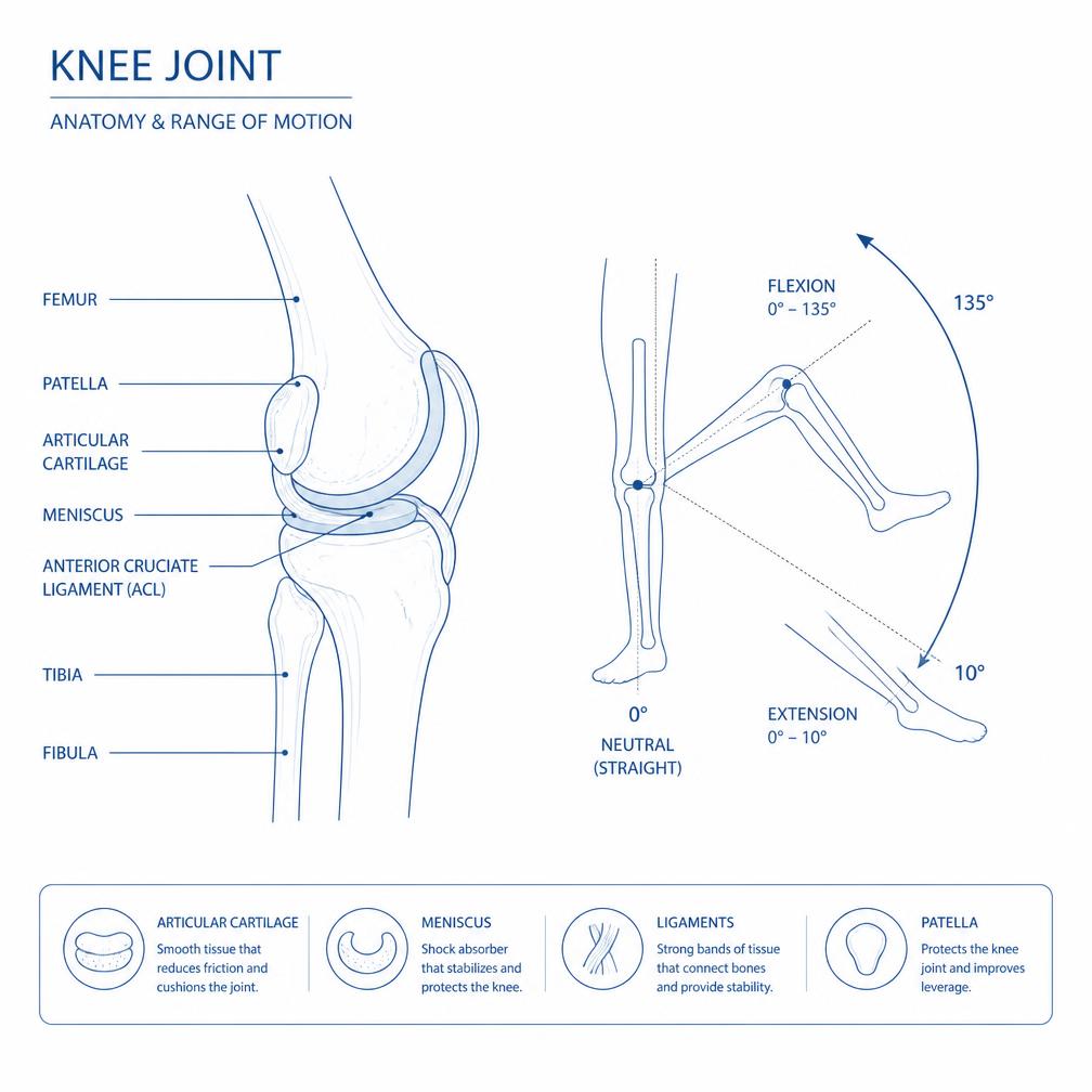 Medicinska ilustracija anatomije kolena i obima pokreta